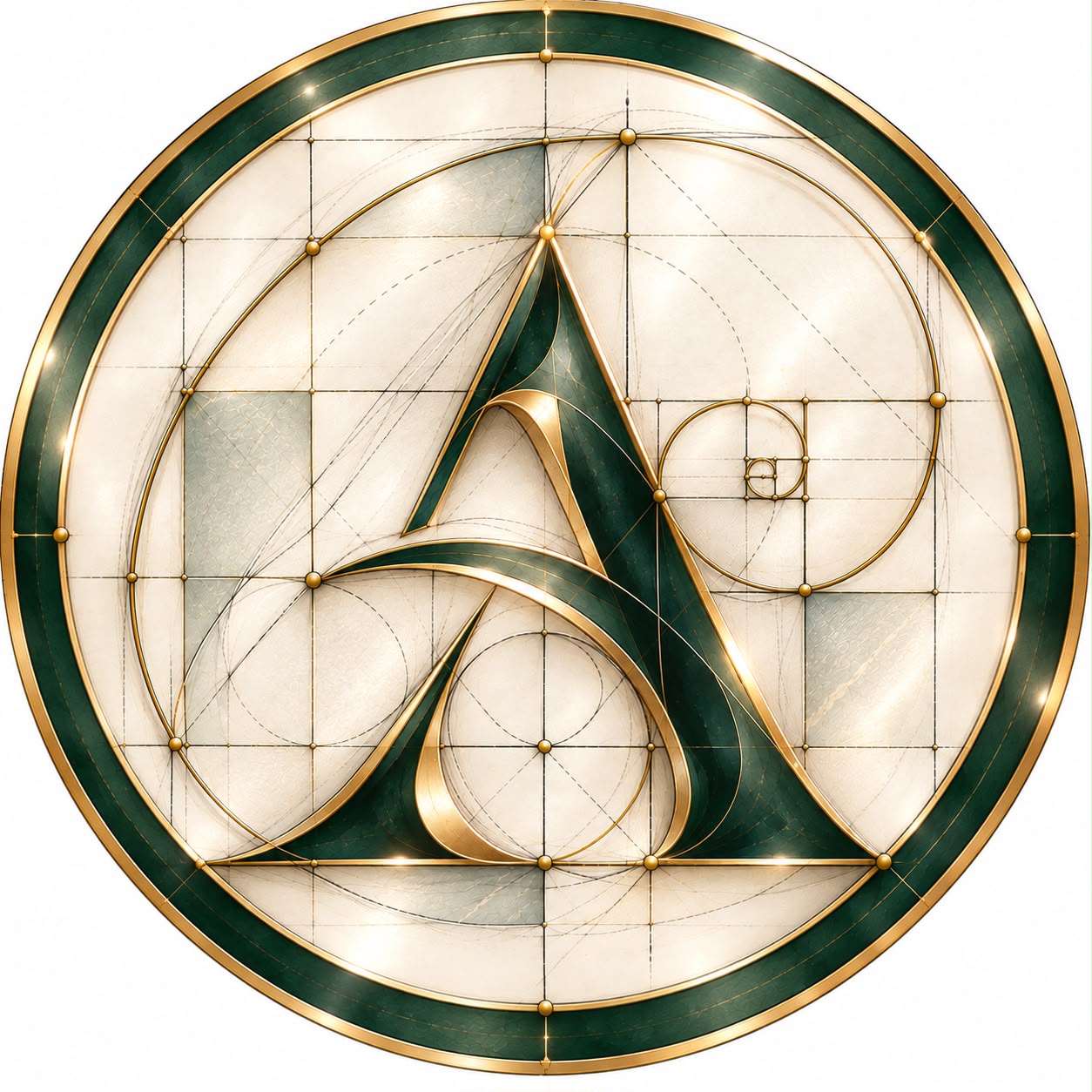 Símbolo da Azyra: letra A verde e dourada, em uma moldura circular de proporções geométricas